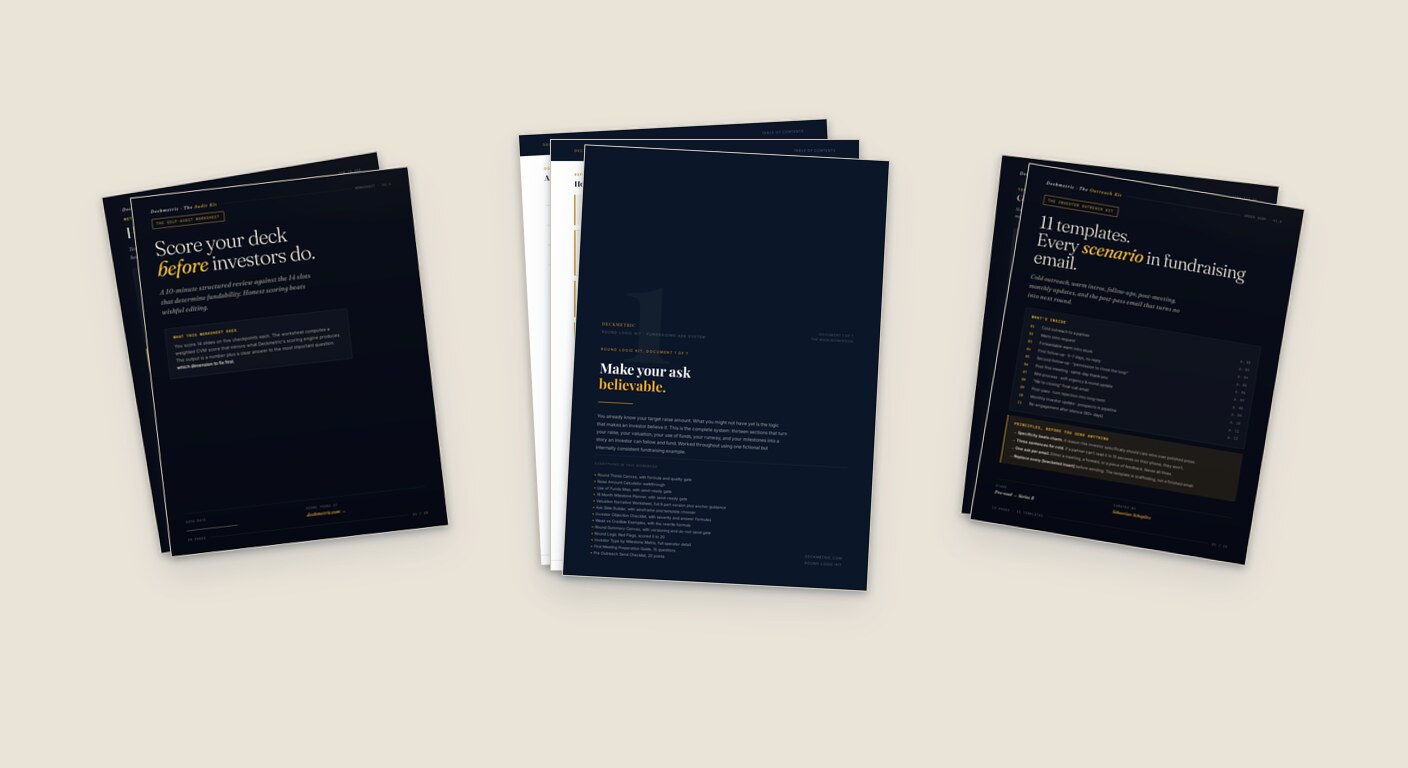 Deckmetric Founder Toolkit Bundle with the Audit Kit, Round Logic Kit, and Investor Outreach Kit