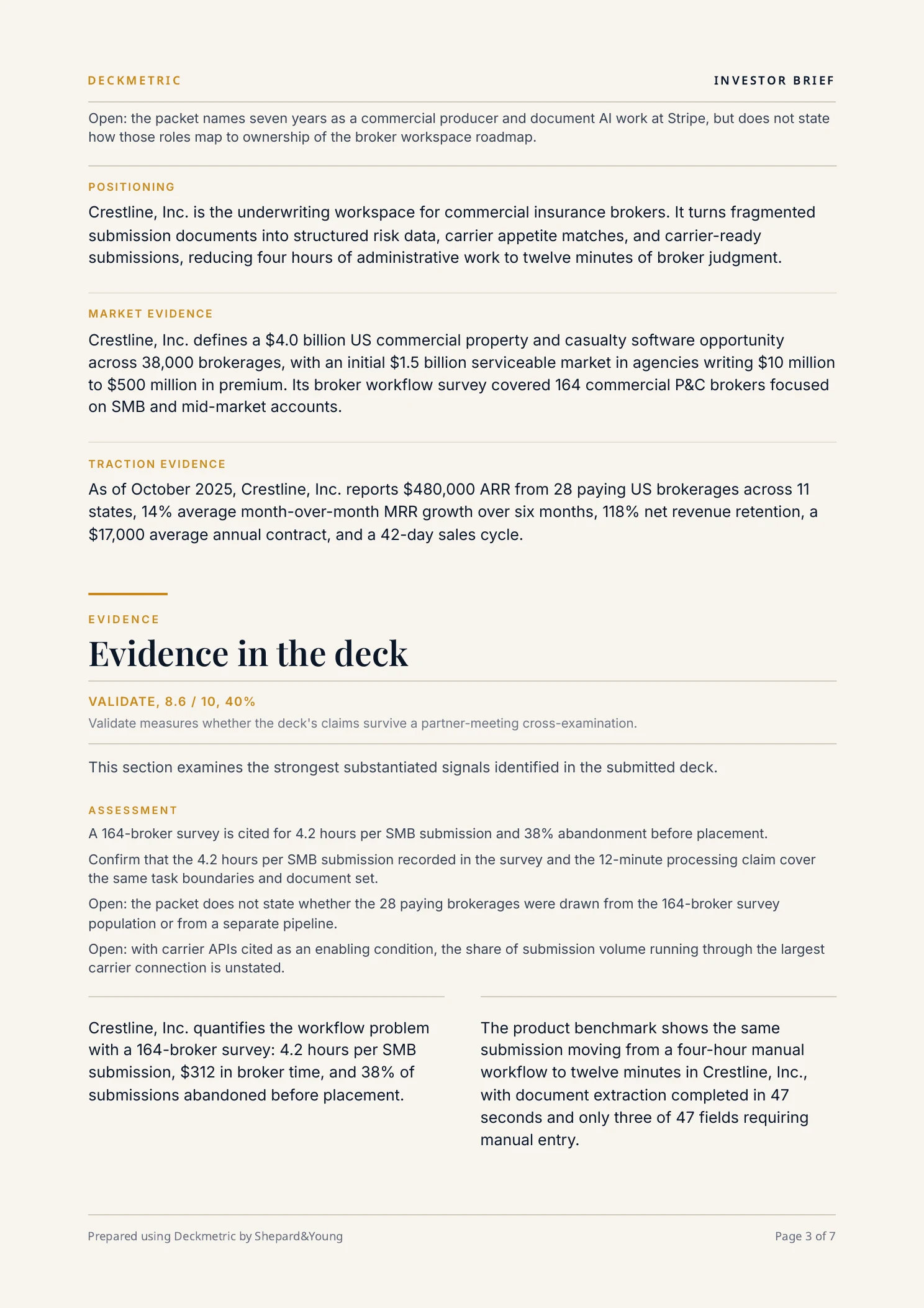 Page 3 of the fictional Crestline, Inc. Investor Brief, showing founder-selected evidence and the round plan