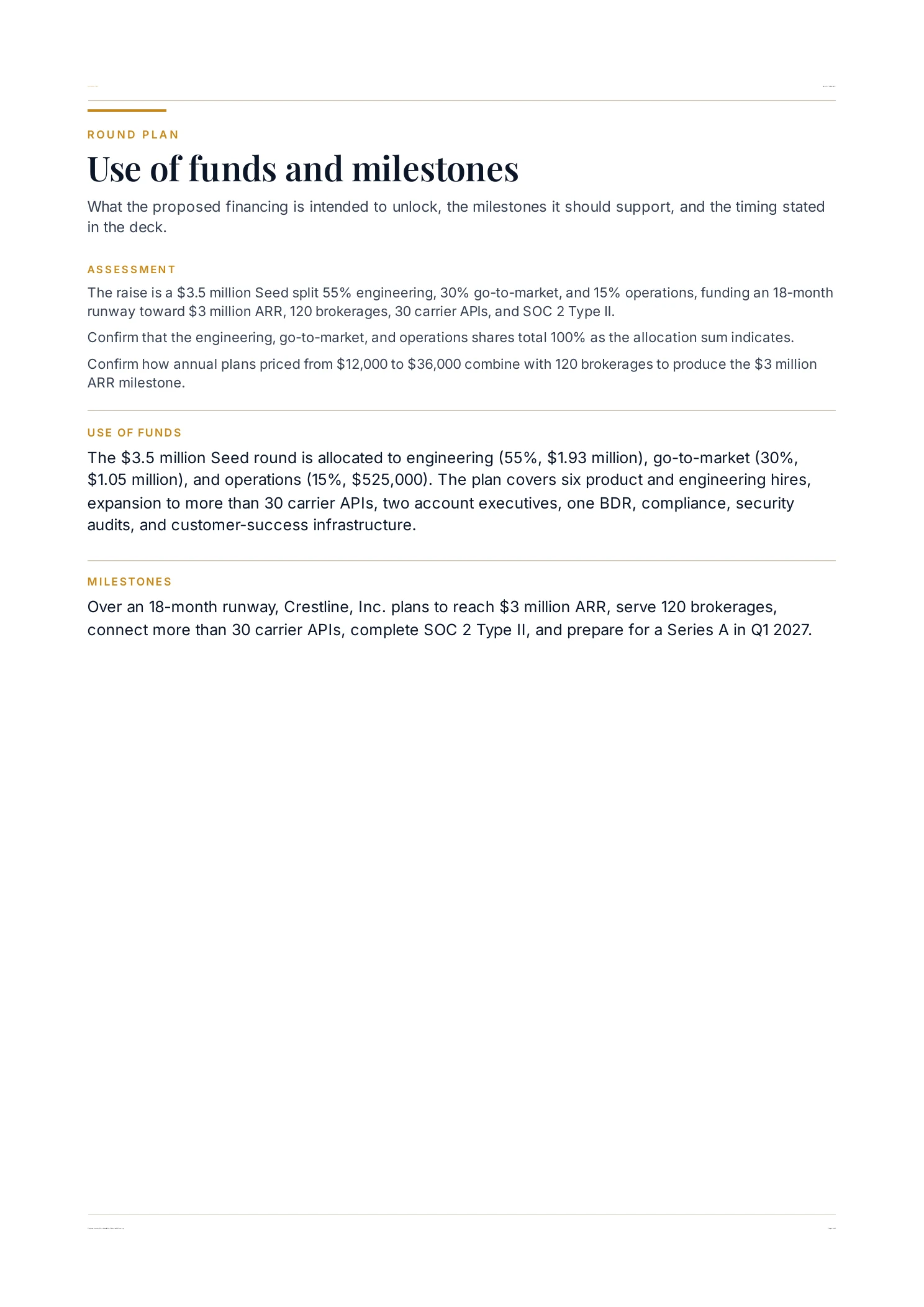 Page 4 of the fictional Crestline, Inc. Investor Brief: use of funds and milestones