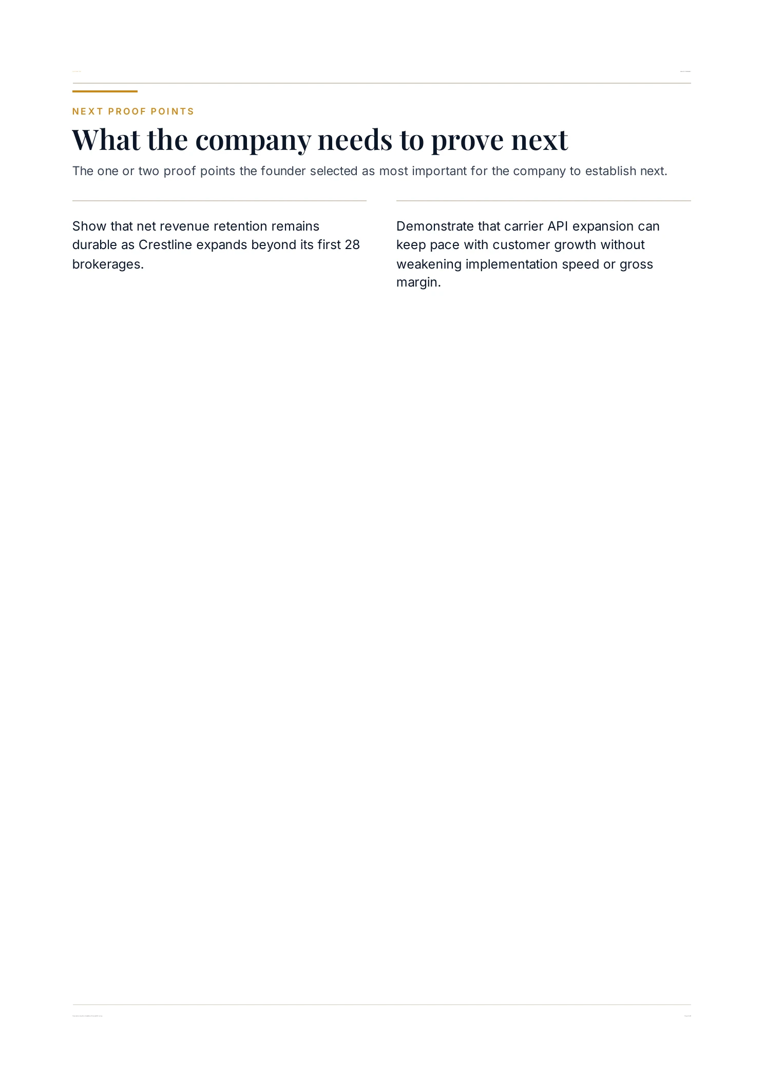 Page 5 of the fictional Crestline, Inc. Investor Brief: the optional founder-selected proof points