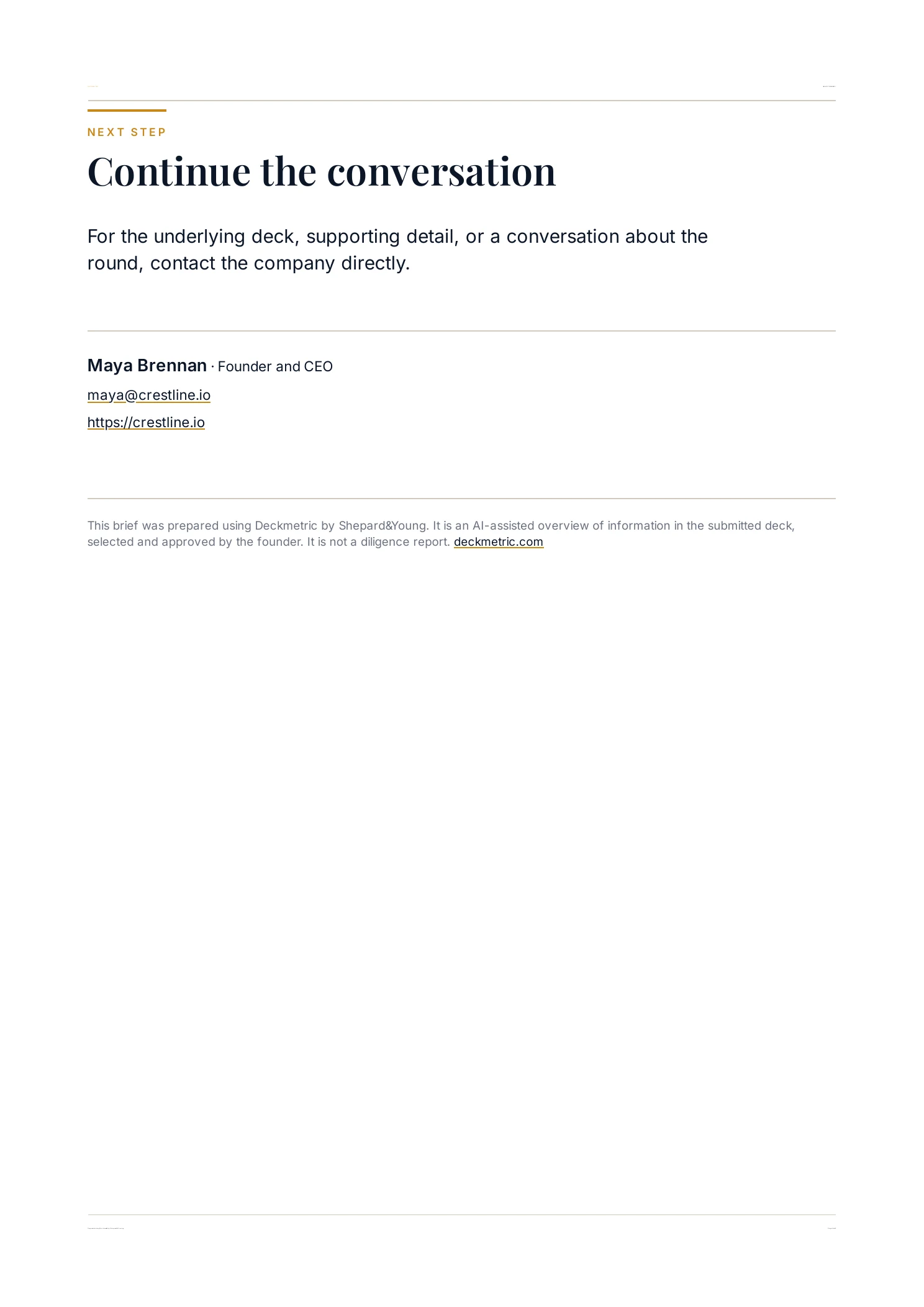 Page 6 of the fictional Crestline, Inc. Investor Brief: fictional contact details and the disclosure