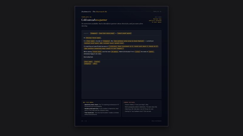 Preview of the cold outreach template page from the Investor Outreach Kit PDF