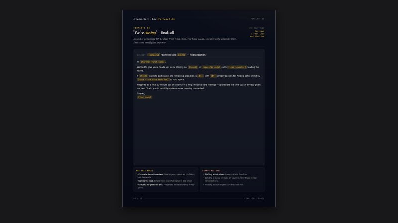 Preview of the follow-up template page from the Investor Outreach Kit PDF