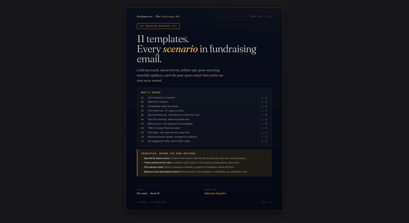 Deckmetric Investor Outreach Kit — 11 fundraising email templates with commentary, every scenario from cold outreach to post-pass