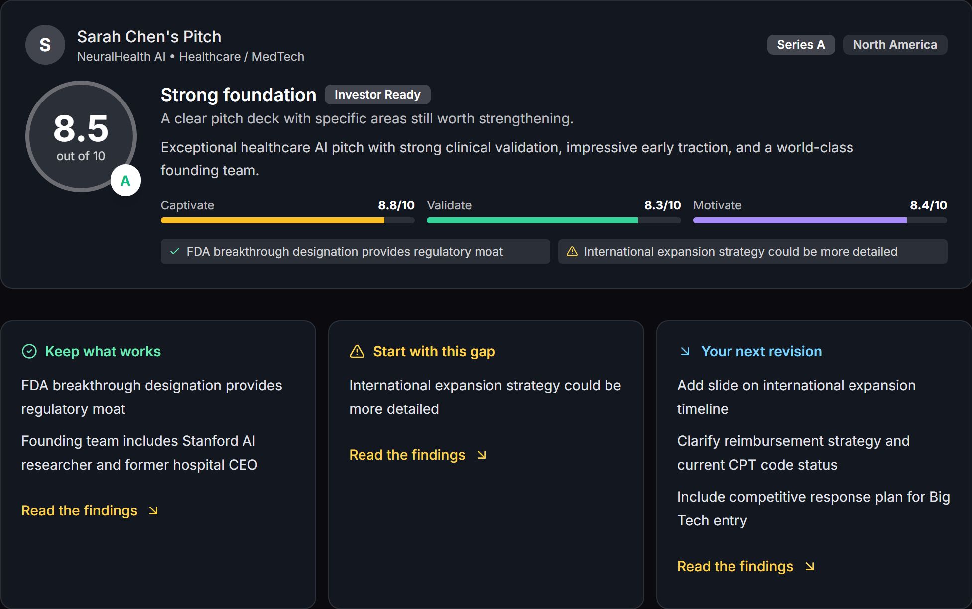 Actual Deckmetric report showing strengths, a critical gap, and concrete revision priorities for the fictional company NeuralHealth AI